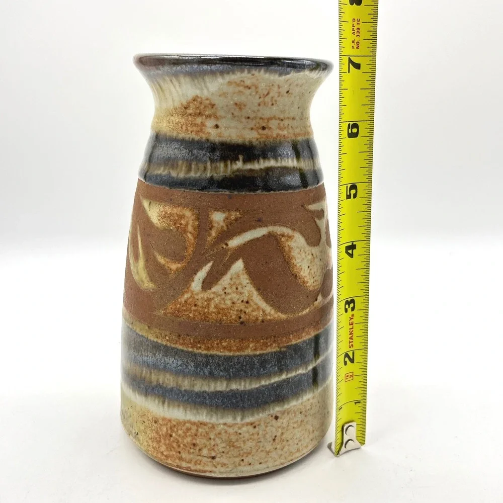 Robert Farmer Signed Studio Pottery Vase Earthy Abstract Glaze Brown Blue 6.5in